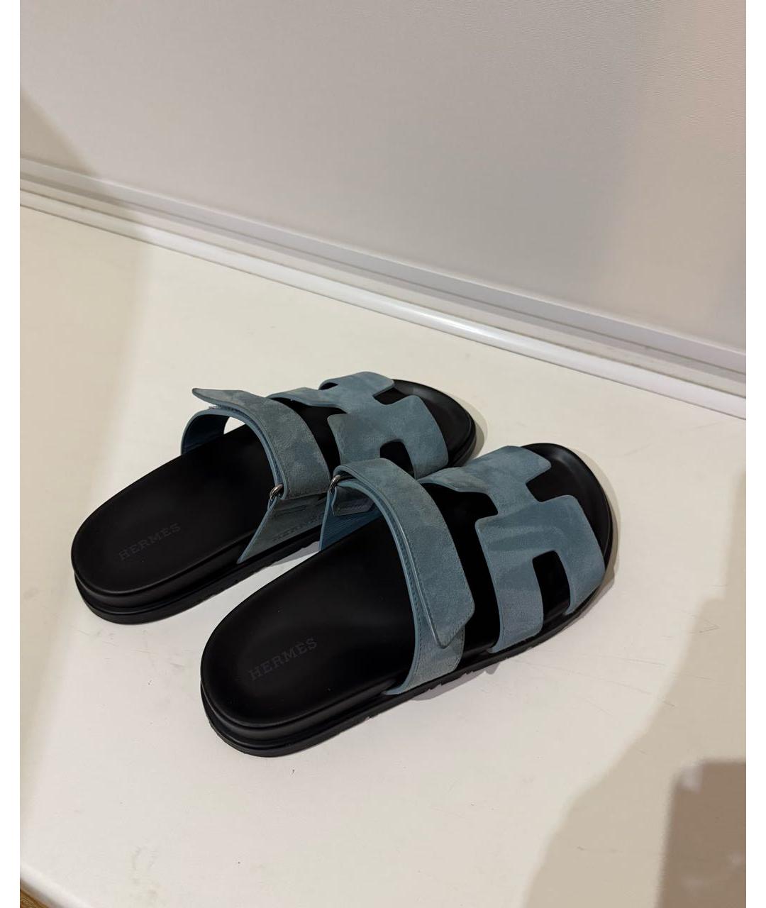 HERMES Голубые кожаные шлепанцы, фото 4