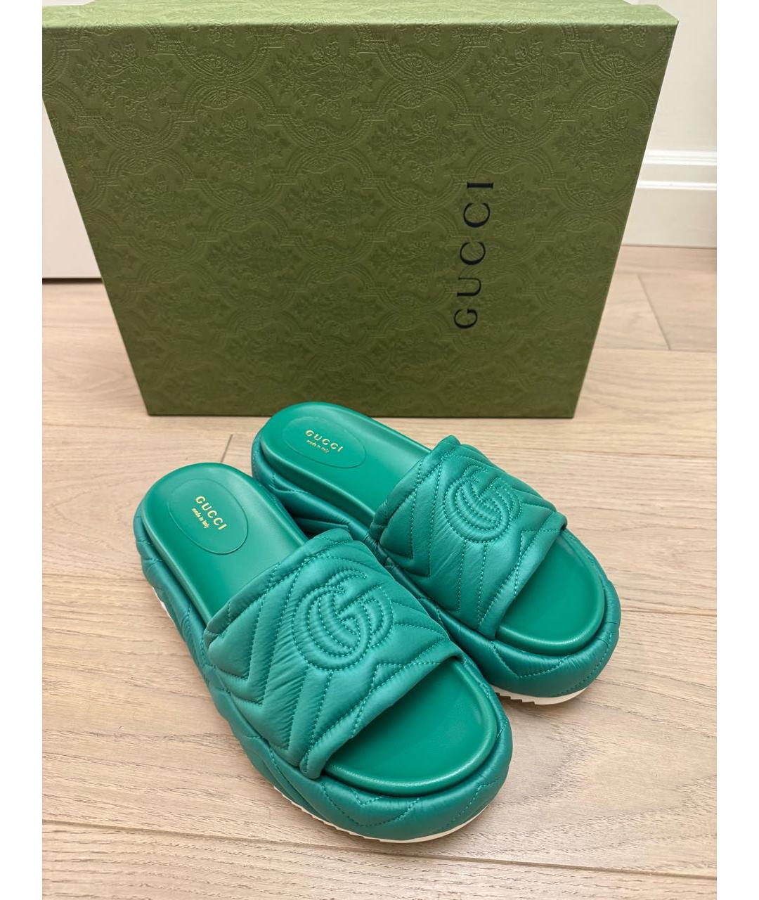 GUCCI Зеленые кожаные шлепанцы, фото 4