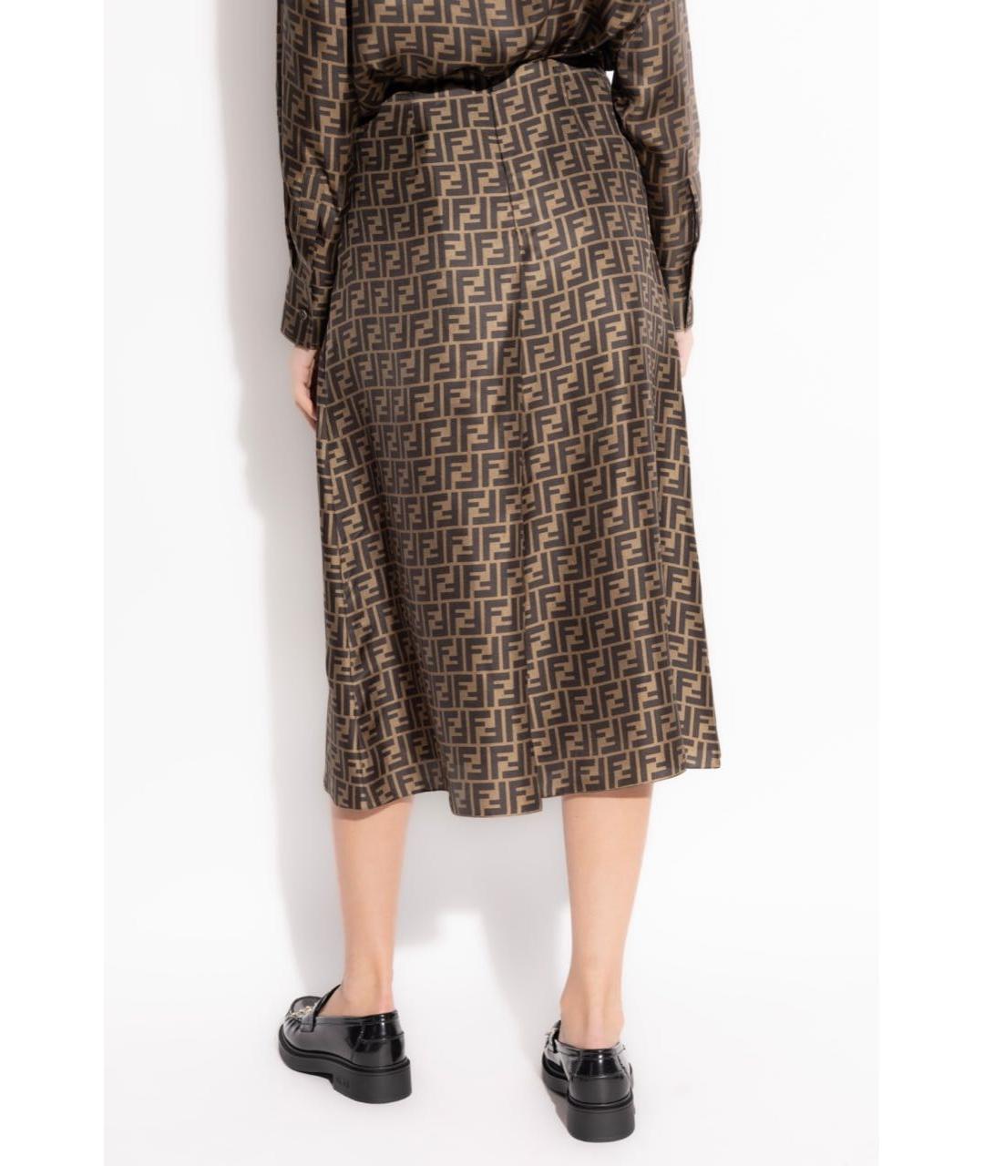FENDI Коричневая шелковая юбка миди, фото 3
