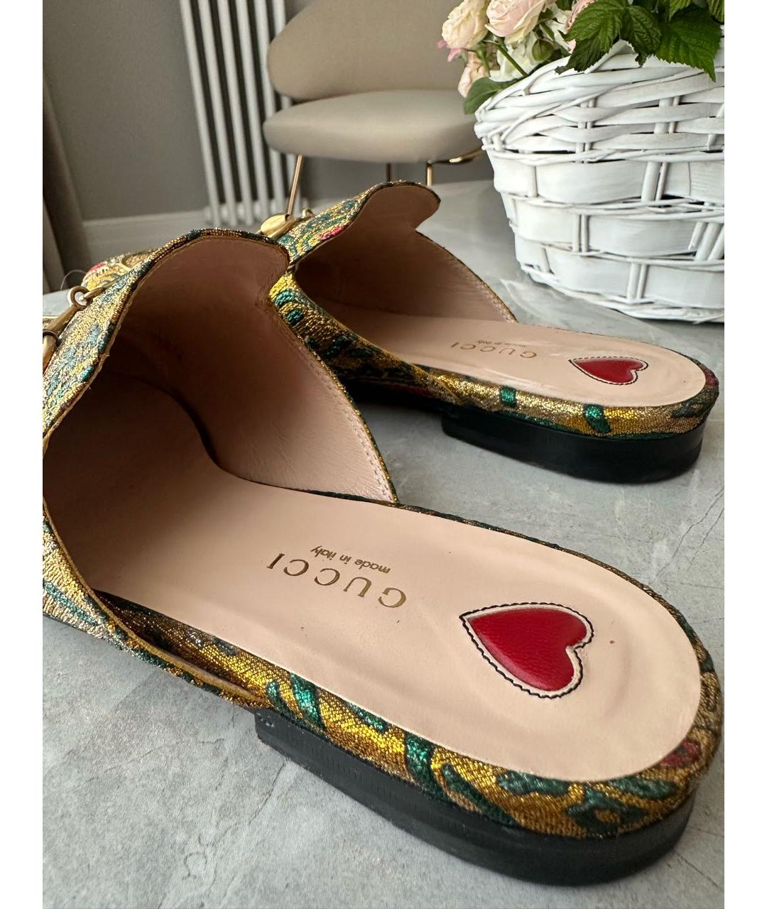 GUCCI Золотые кожаные мюли, фото 5
