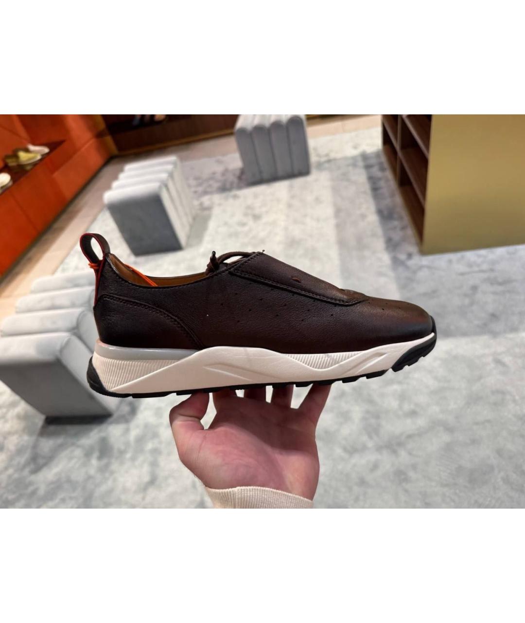 SANTONI Коричневые кожаные низкие кроссовки / кеды, фото 2