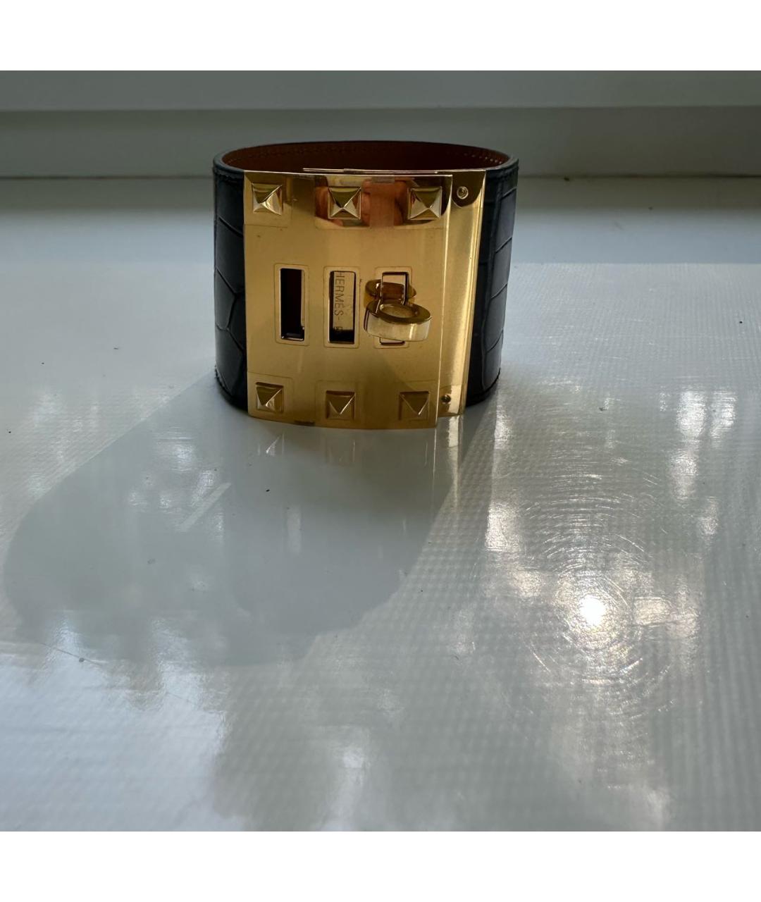 HERMES Черный кожаный браслет, фото 6