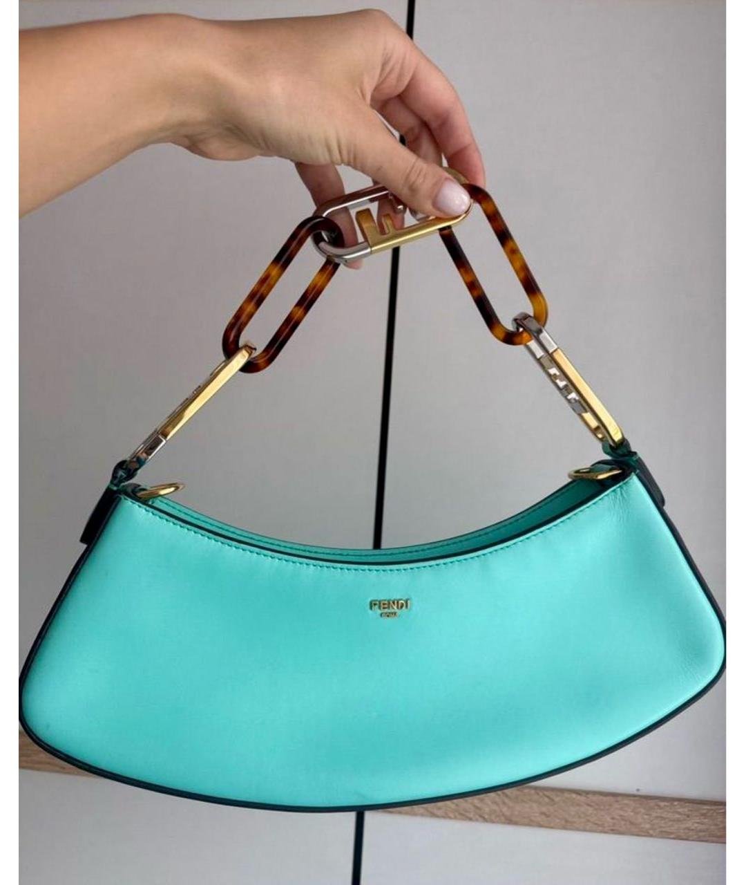 FENDI Бирюзовая кожаная сумка с короткими ручками, фото 4