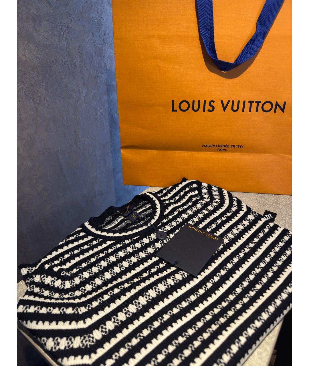 LOUIS VUITTON Темно-синяя хлопко-эластановая футболка, фото 6