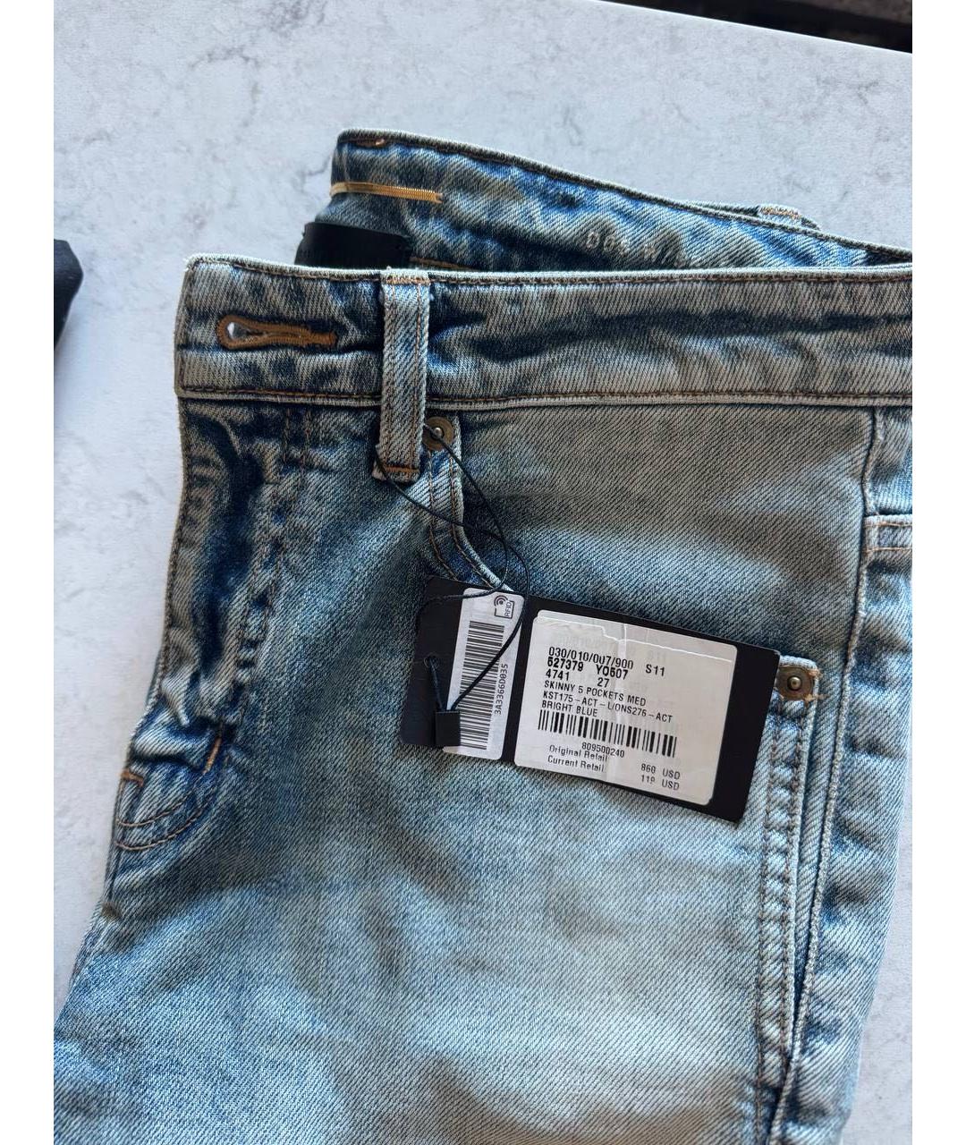 SAINT LAURENT Голубые хлопко-эластановые джинсы слим, фото 3