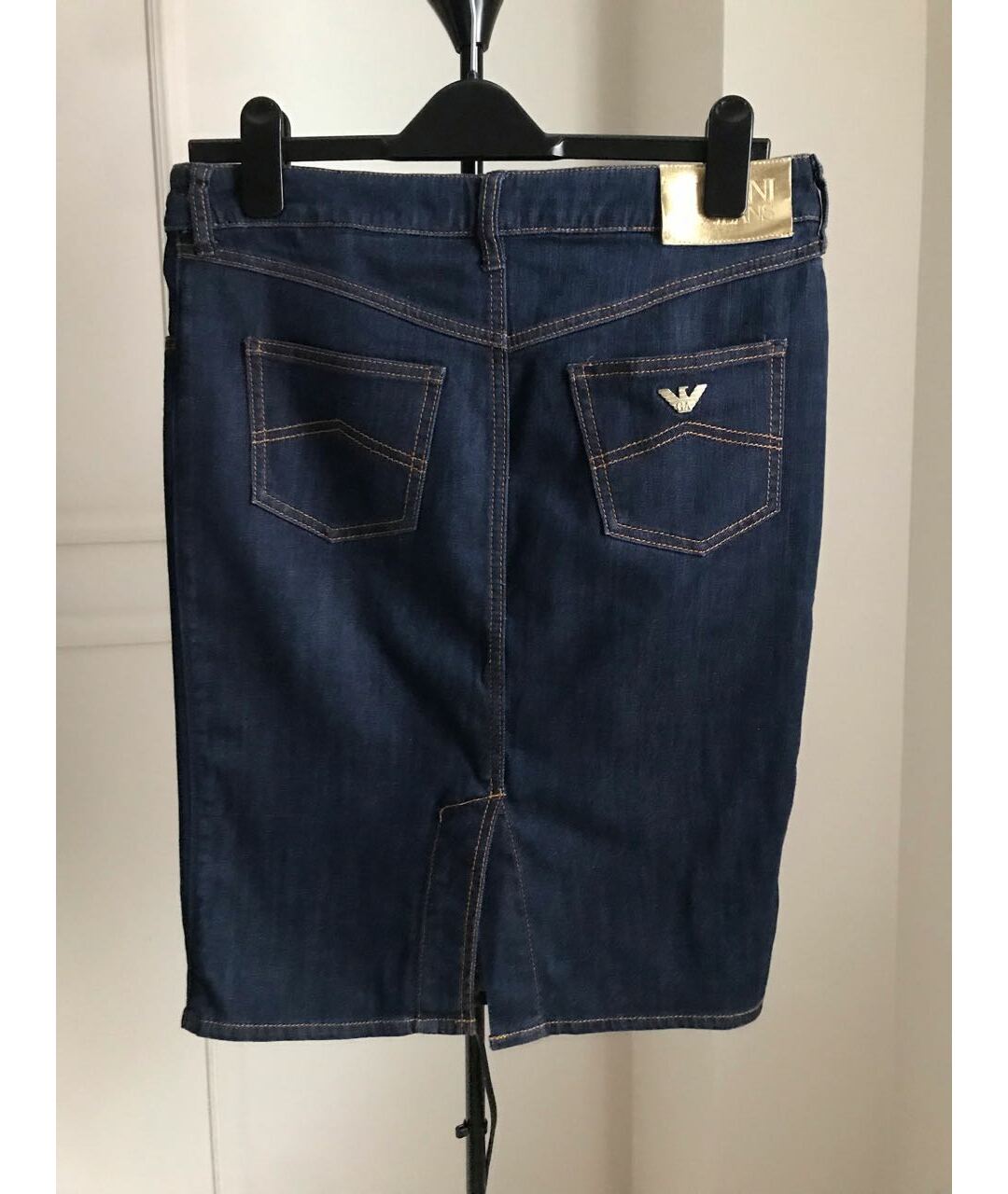 ARMANI JEANS Темно-синяя хлопко-эластановая юбка миди, фото 2