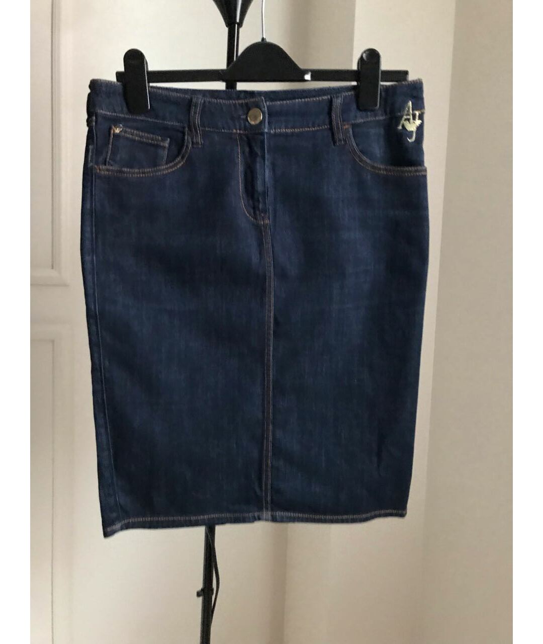 ARMANI JEANS Темно-синяя хлопко-эластановая юбка миди, фото 9