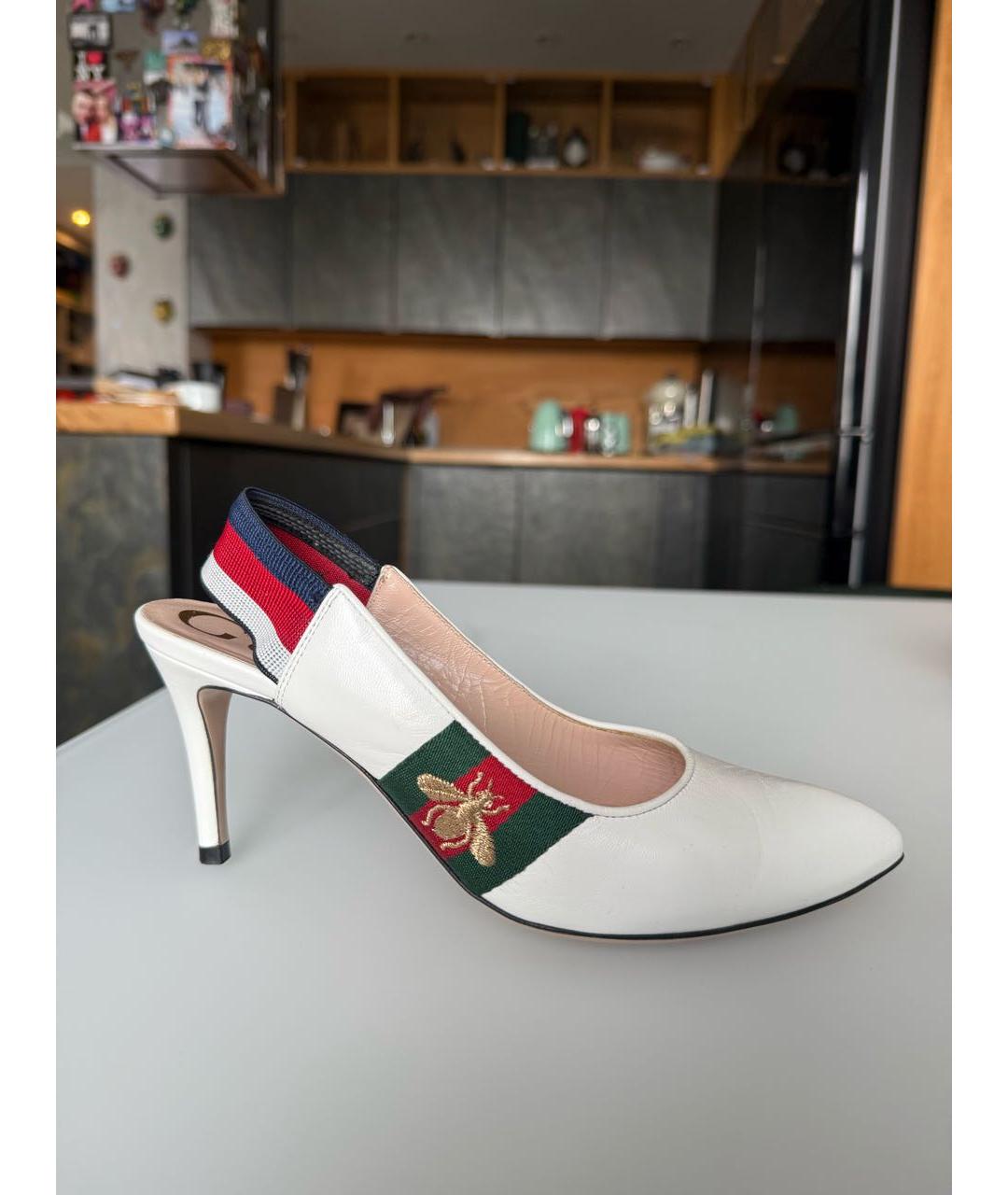 GUCCI Белые кожаные лодочки на низком каблуке, фото 5