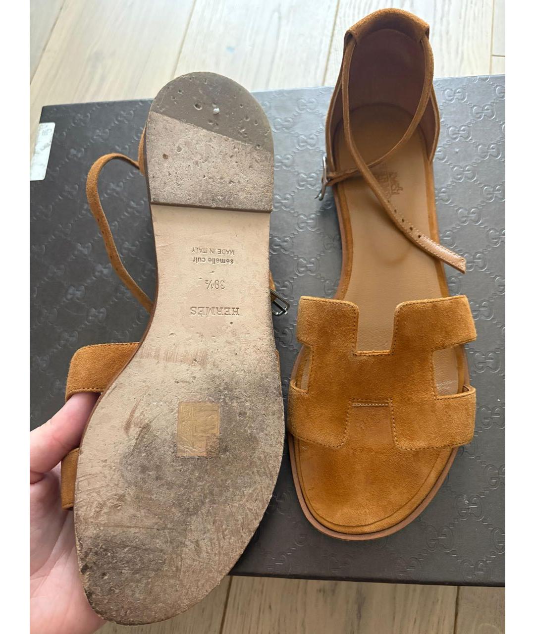 HERMES Коричневые замшевые сандалии, фото 2