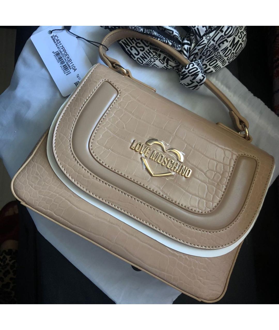 LOVE MOSCHINO Бежевая кожаная сумка с короткими ручками, фото 6