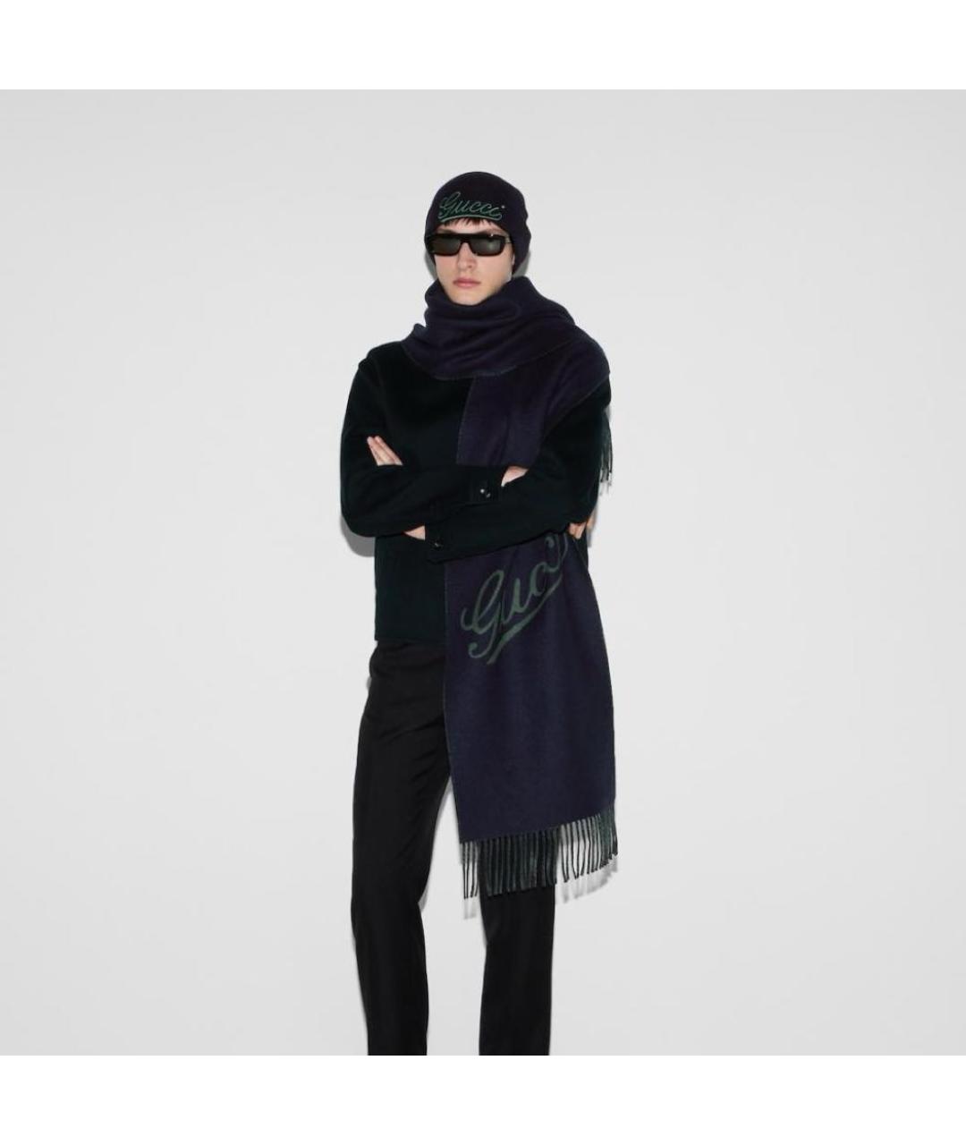 GUCCI Темно-синий шерстяной шарф, фото 7
