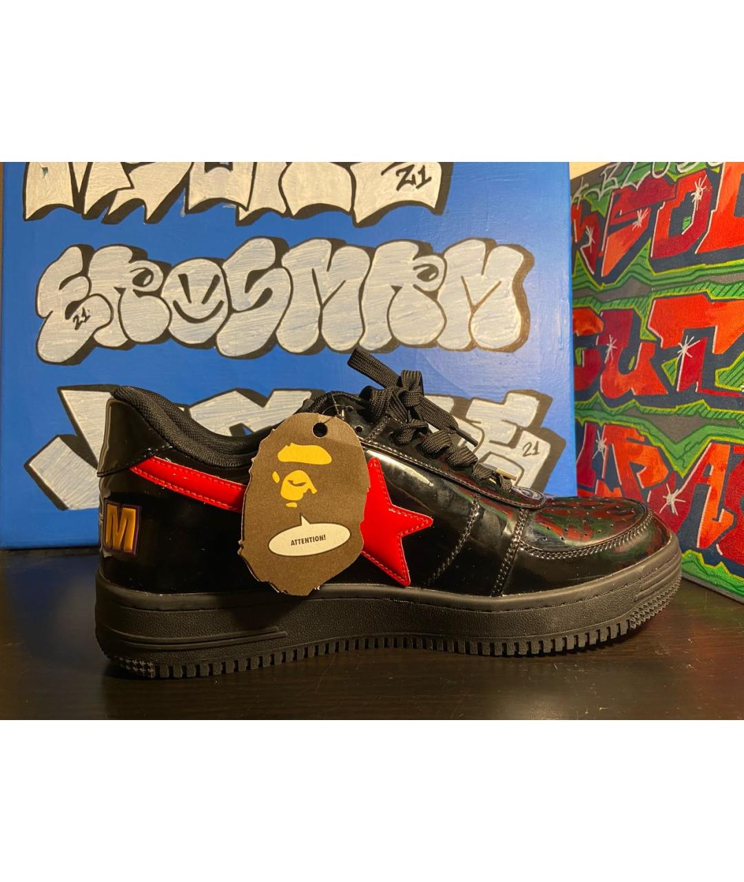 A BATHING APE Черные низкие кроссовки / кеды из лакированной кожи, фото 7