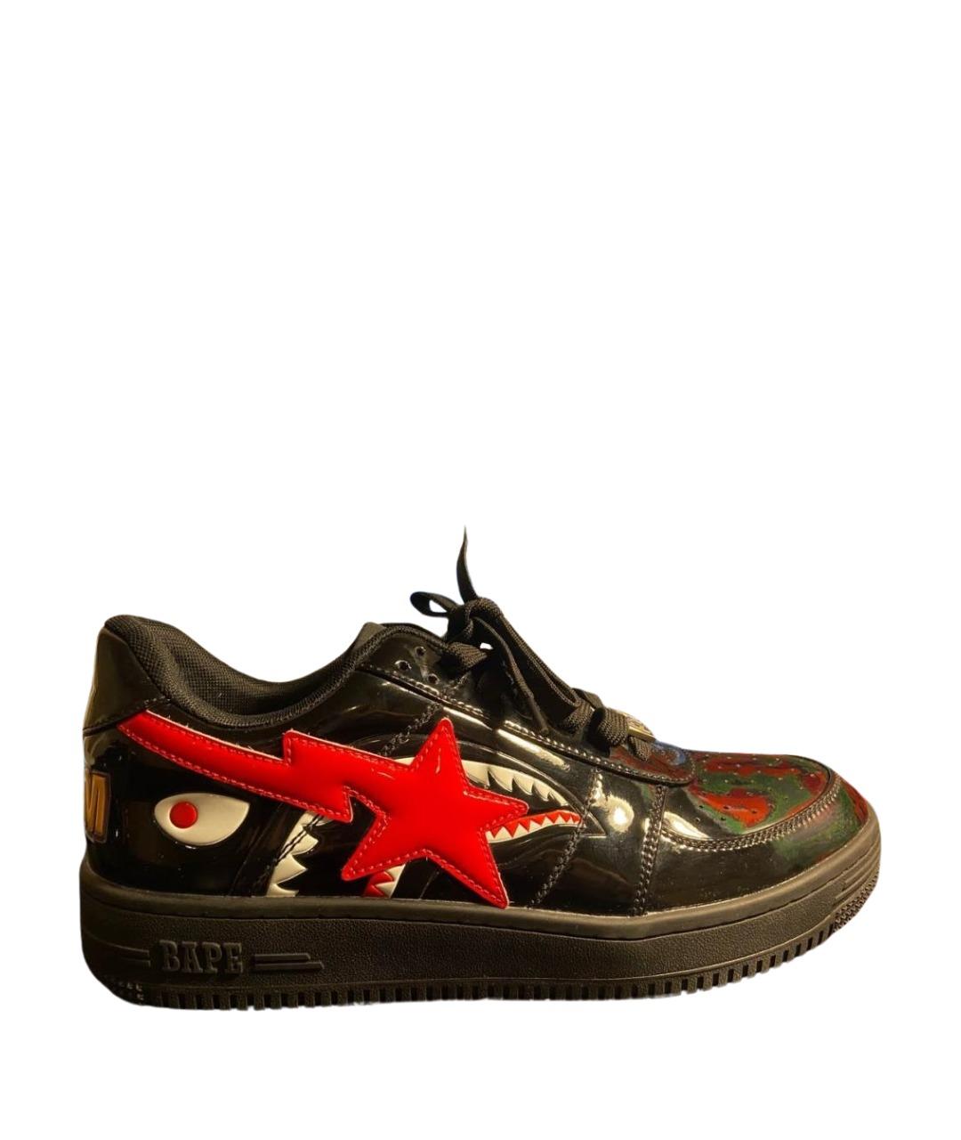 A BATHING APE Черные низкие кроссовки / кеды из лакированной кожи, фото 1