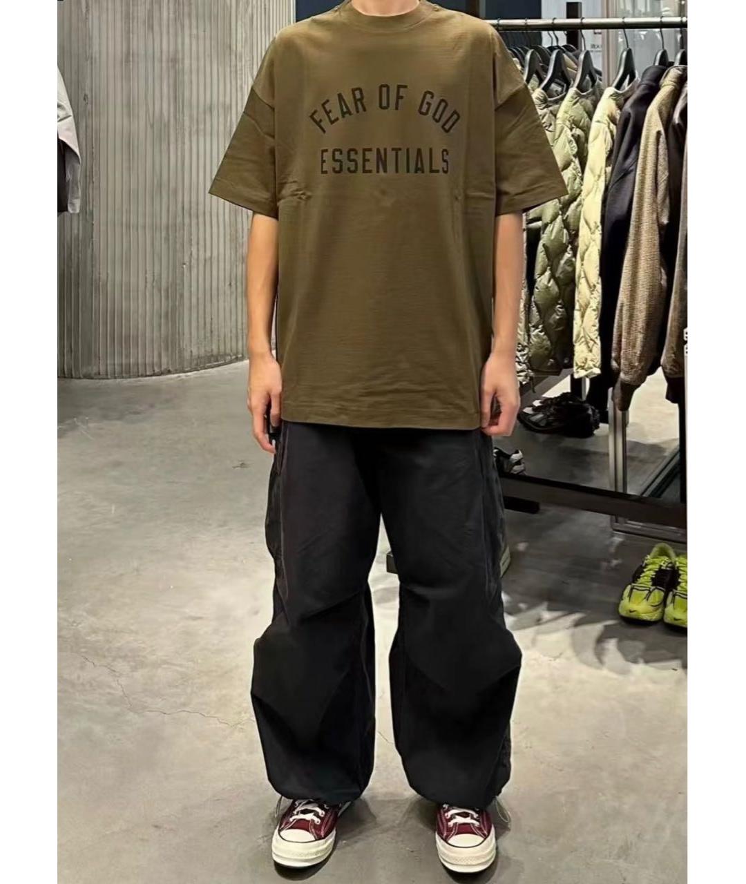 FEAR OF GOD ESSENTIALS Хаки хлопковая футболка, фото 3