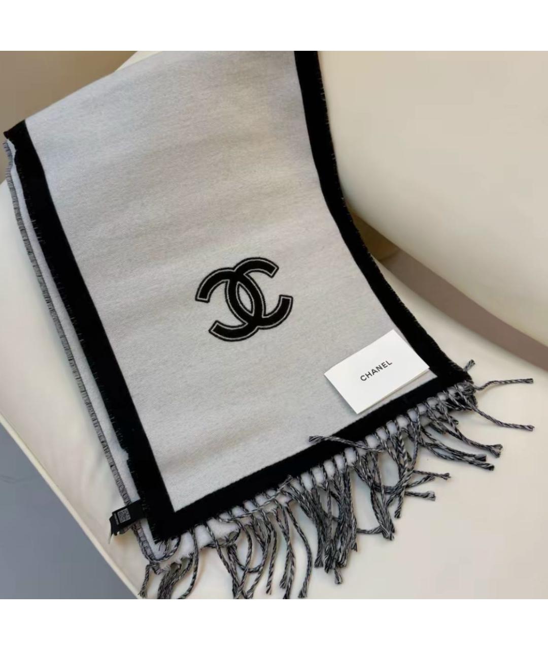 CHANEL Черный шерстяной шарф, фото 4
