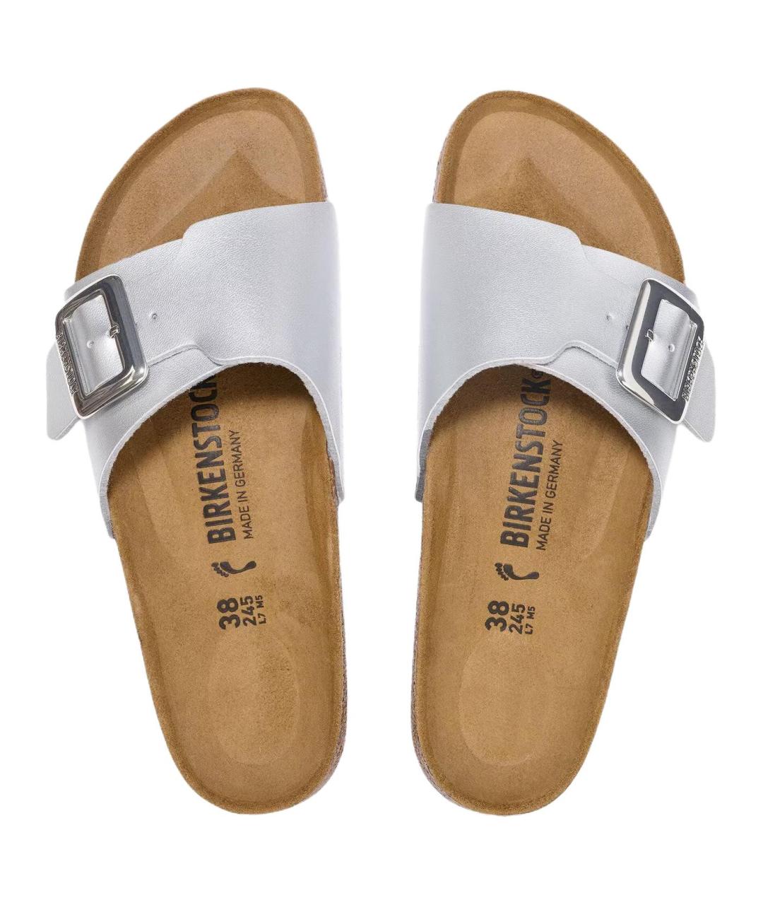 BIRKENSTOCK Серебряные кожаные шлепанцы, фото 4