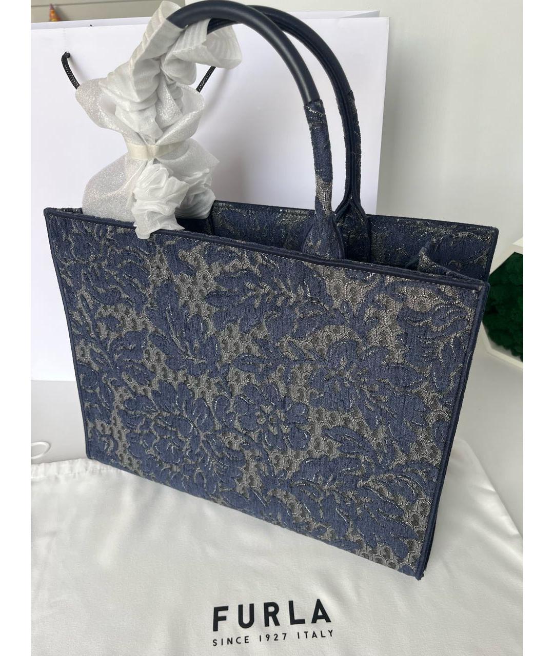 FURLA Темно-синяя жаккардовая сумка тоут, фото 3