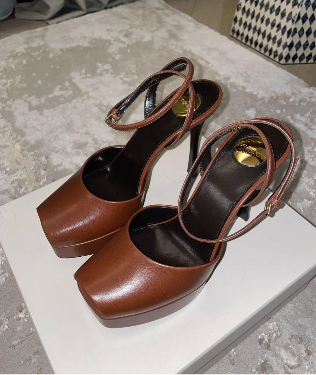 SAINT LAURENT Коричневые кожаные босоножки, фото 4