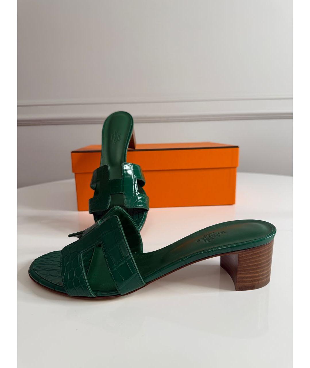 HERMES Зеленые мюли из экзотической кожи, фото 3