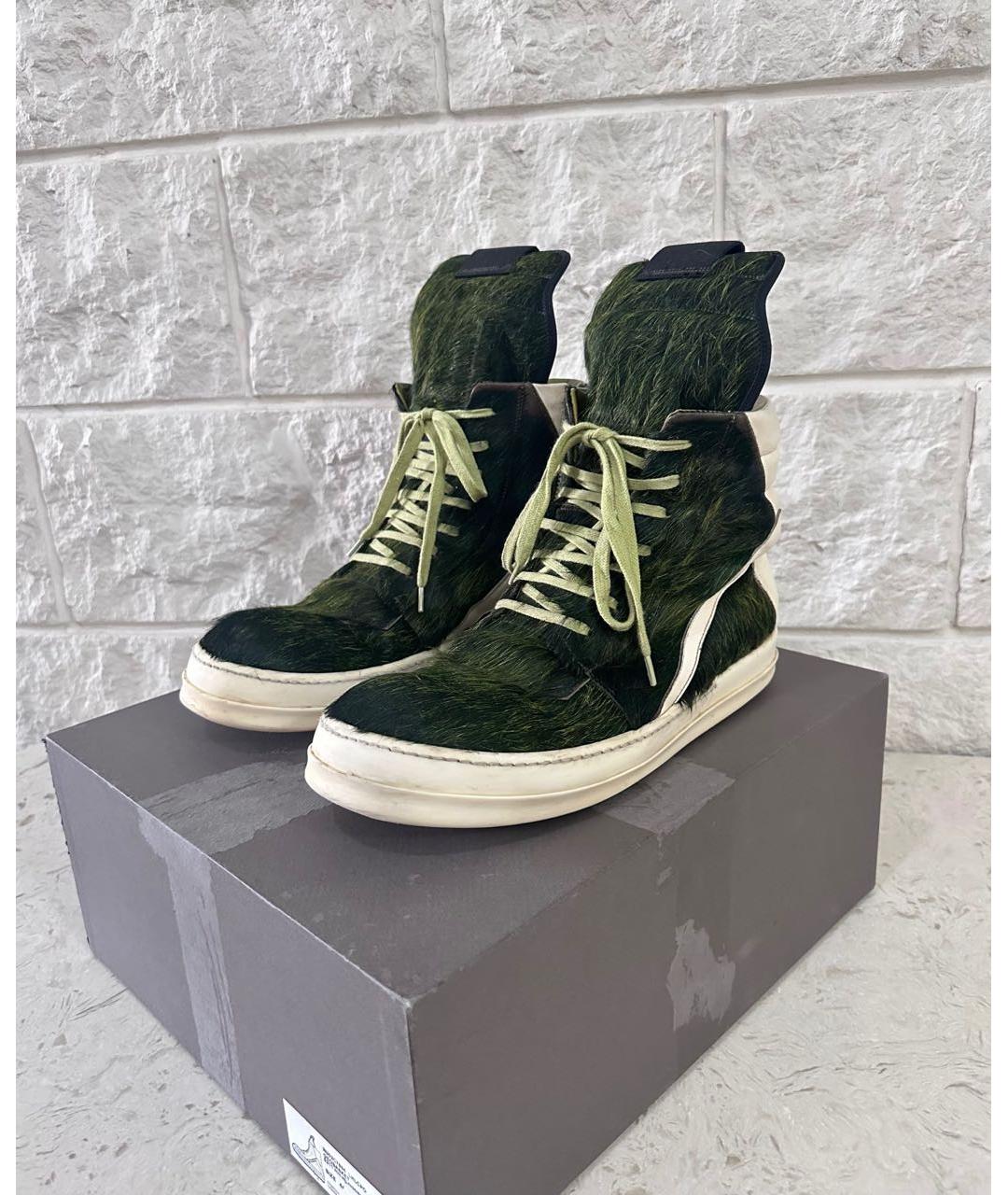 RICK OWENS Зеленые кожаные высокие кроссовки / кеды, фото 2
