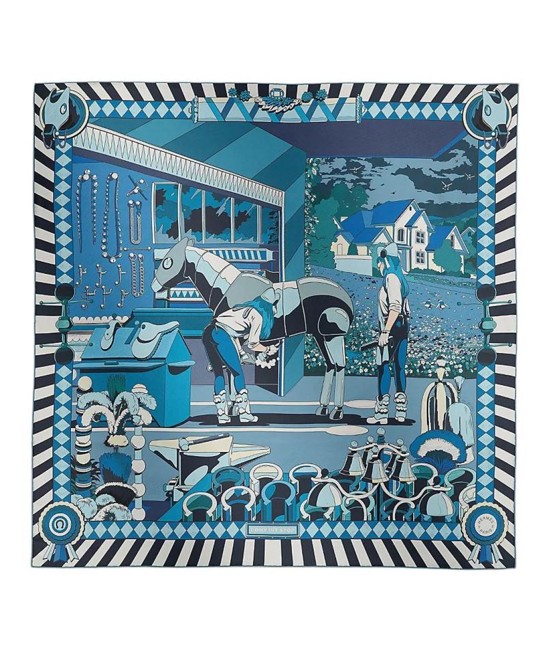 HERMES Синий шелковый шарф, фото 1