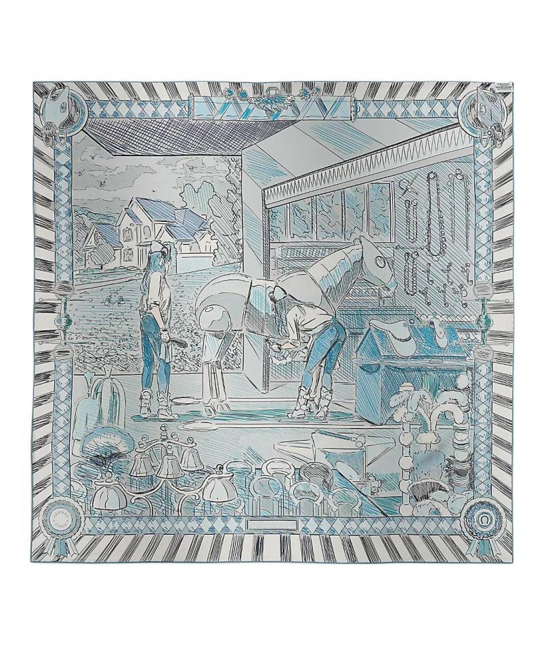 HERMES Синий шелковый шарф, фото 3