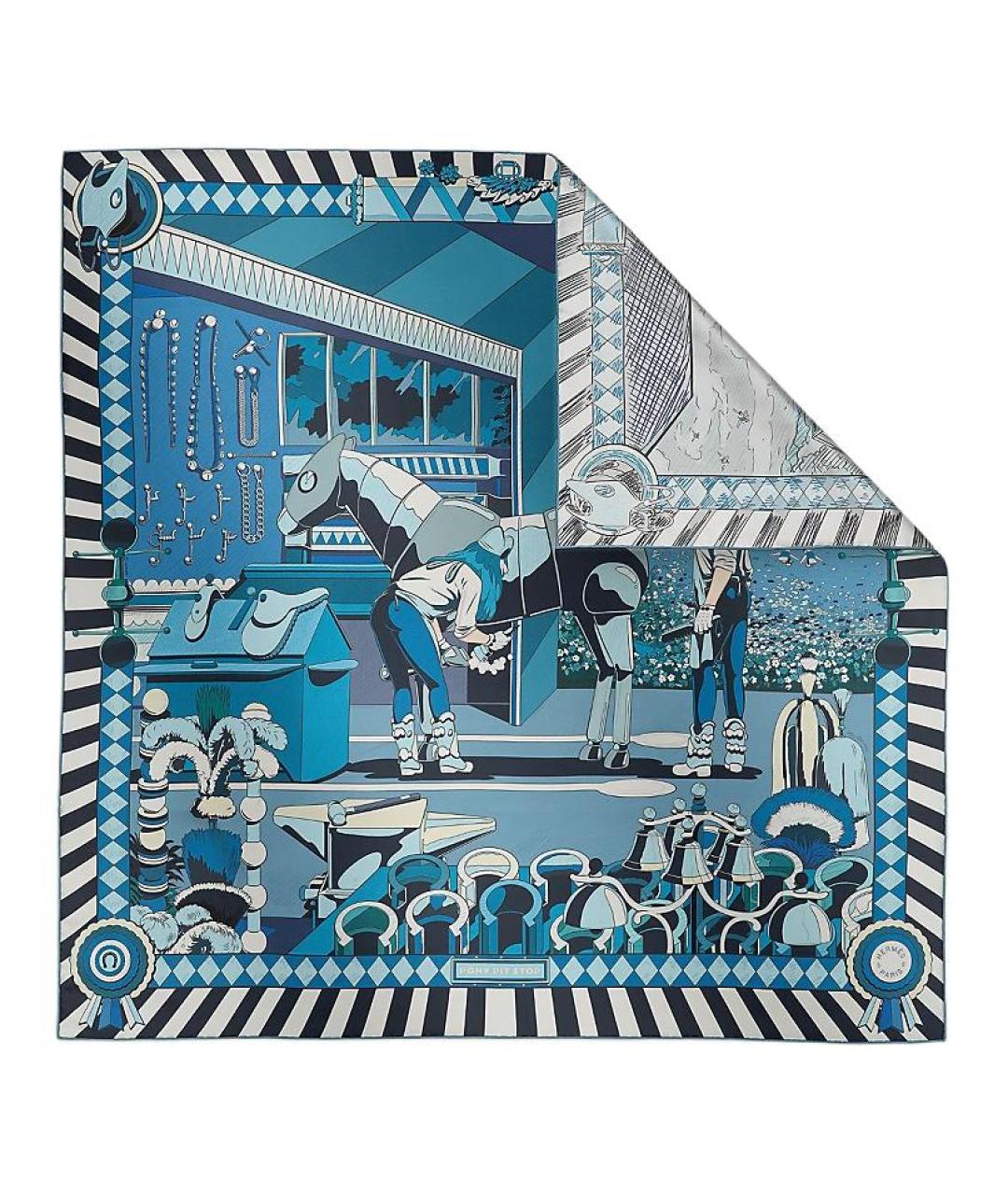 HERMES Синий шелковый шарф, фото 2