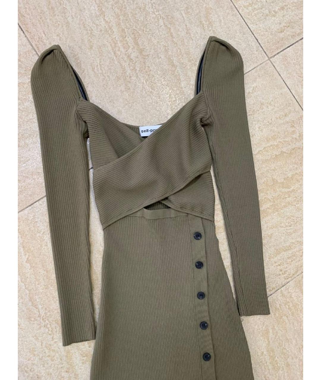 SELF-PORTRAIT Хаки вискозное повседневное платье, фото 3