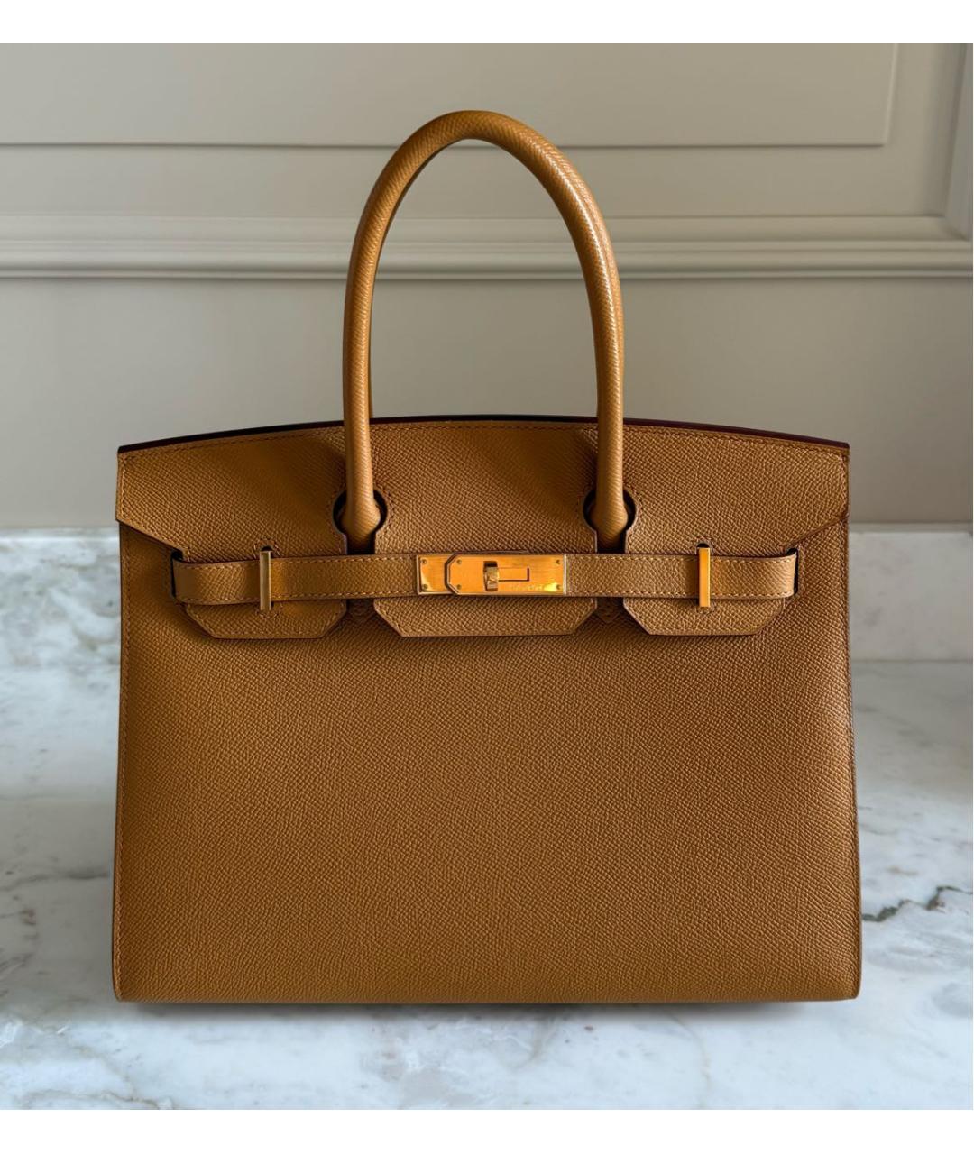 HERMES Горчичная кожаная сумка с короткими ручками, фото 9