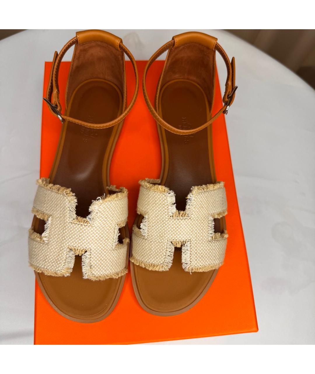 HERMES Коричневые текстильные сандалии, фото 3