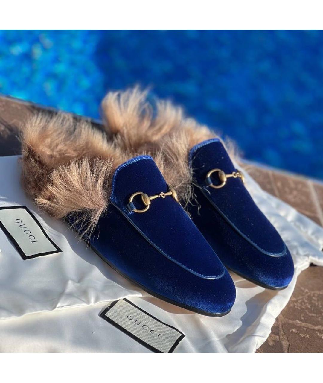 GUCCI Синие бархатные мюли, фото 3