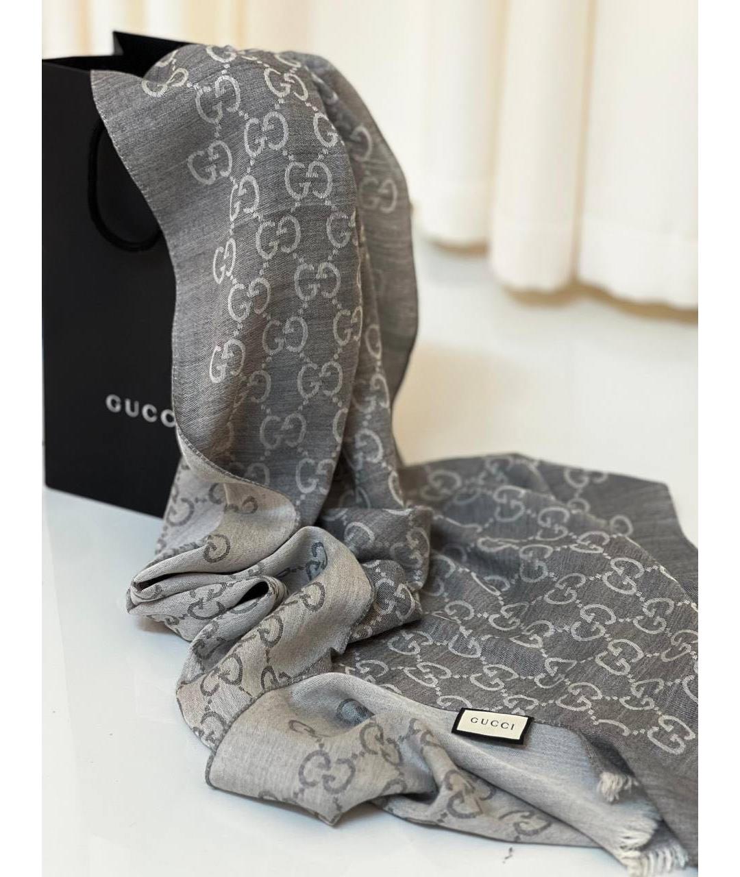 GUCCI Серый шерстяной шарф, фото 3