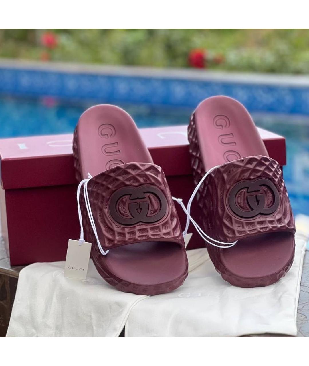 GUCCI Бордовые резиновые шлепанцы, фото 3
