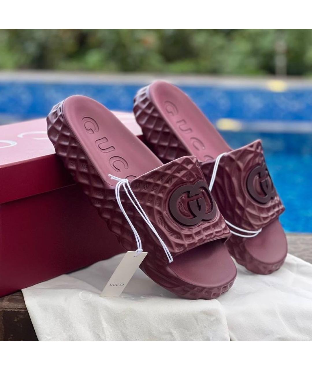GUCCI Бордовые резиновые шлепанцы, фото 9