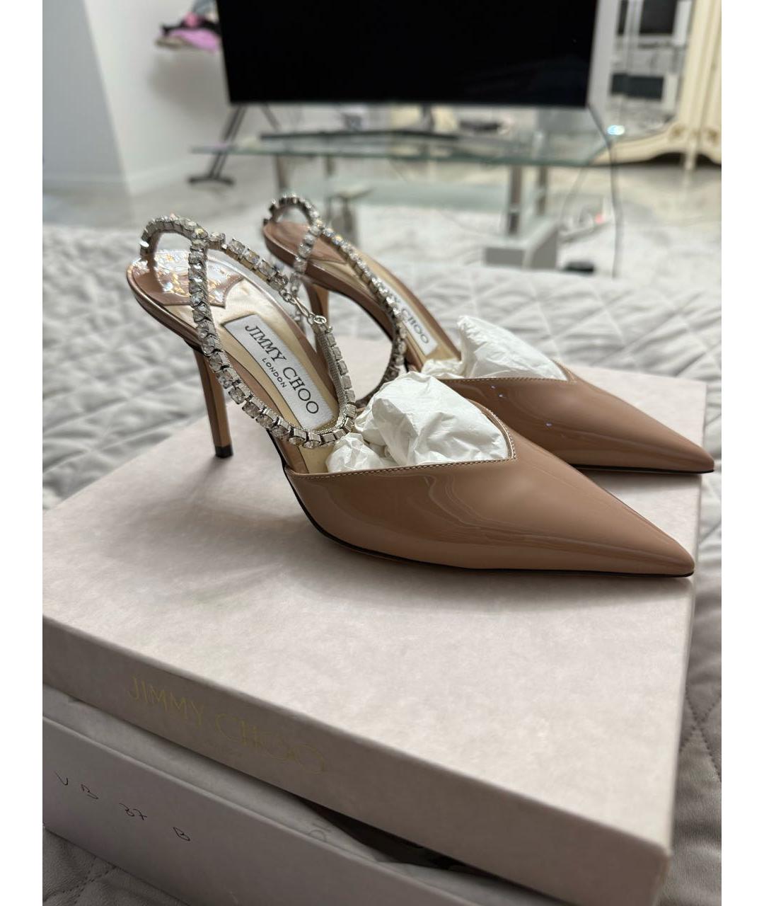 JIMMY CHOO Бежевые кожаные свадебные туфли на среднем каблуке, фото 7