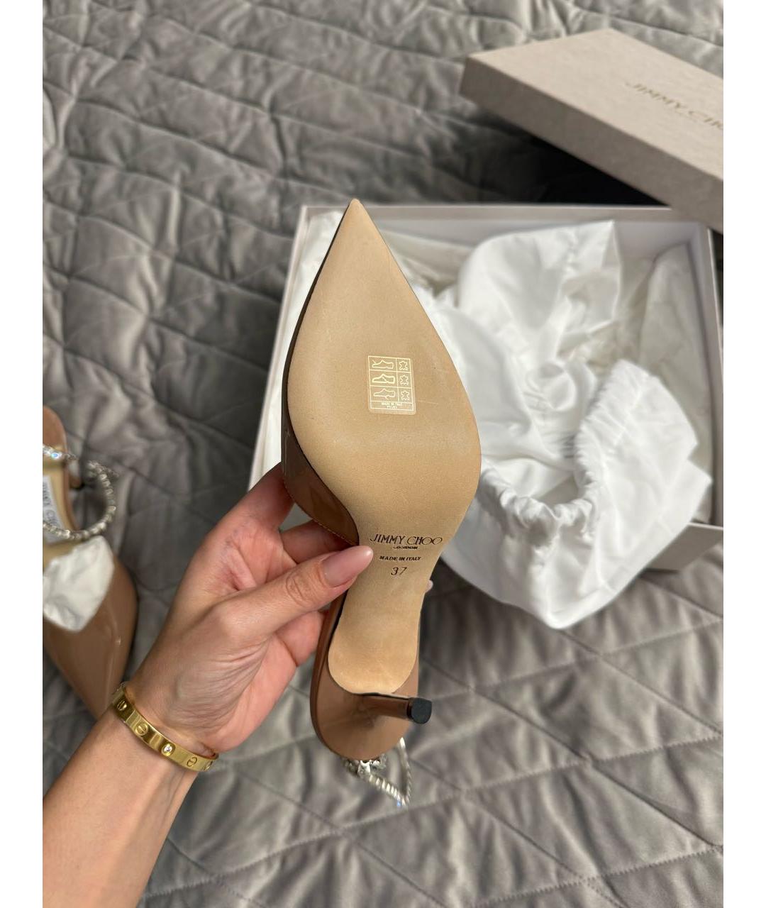 JIMMY CHOO Бежевые кожаные свадебные туфли на среднем каблуке, фото 5