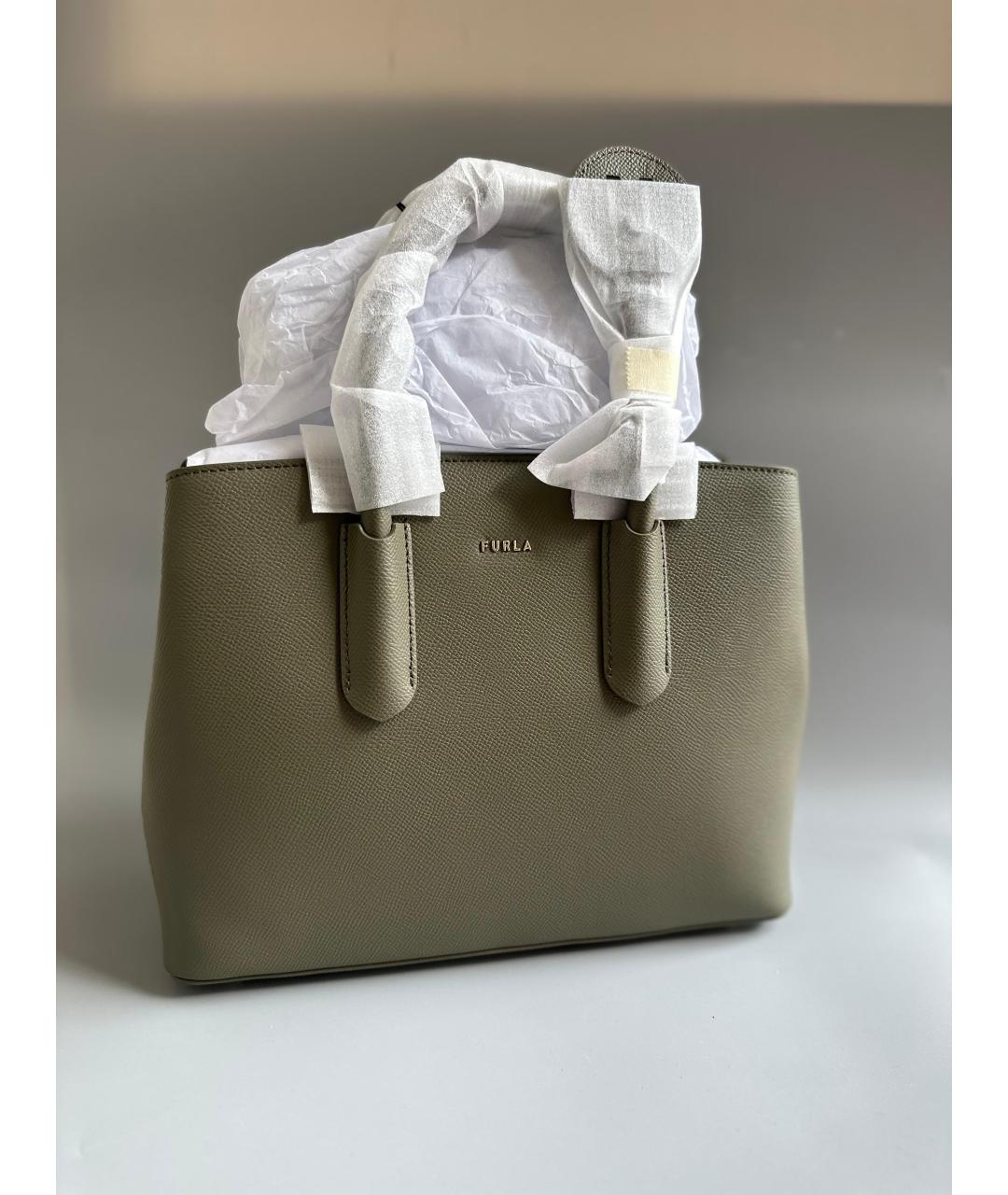 FURLA Хаки кожаная сумка с короткими ручками, фото 6