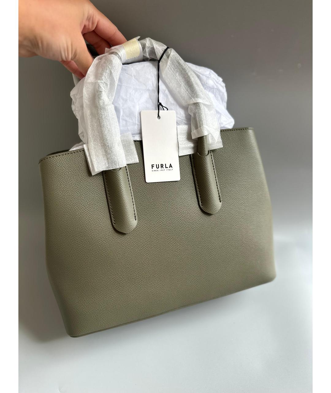 FURLA Хаки кожаная сумка с короткими ручками, фото 5