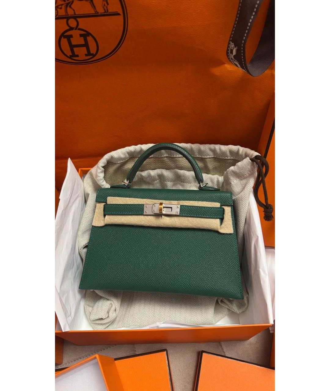 HERMES Зеленая кожаная сумка с короткими ручками, фото 2