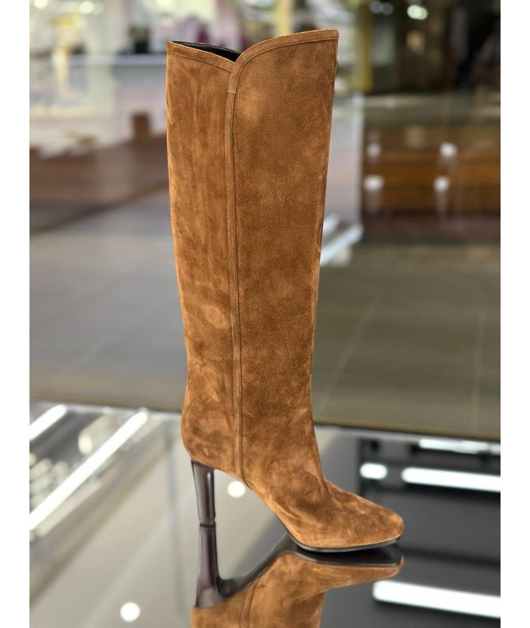 SAINT LAURENT Коричневые бархатные сапоги, фото 9