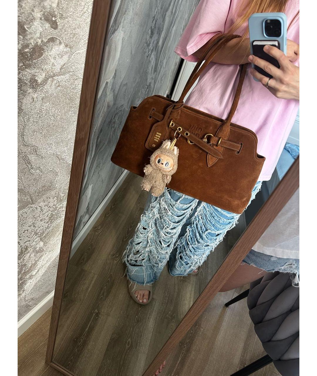 MIU MIU Коричневая замшевая сумка с короткими ручками, фото 6