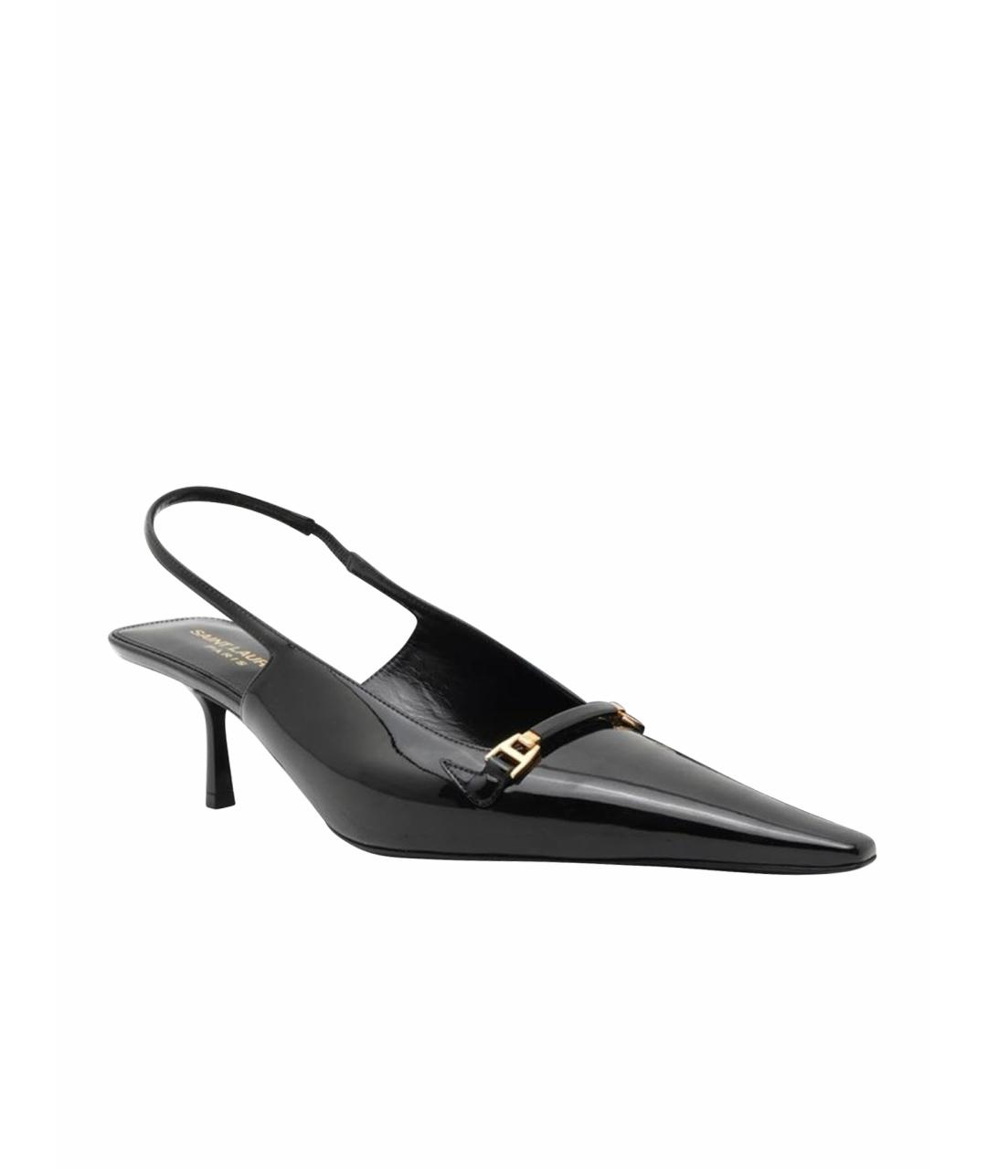 SAINT LAURENT Черные лодочки на низком каблуке из лакированной кожи, фото 1
