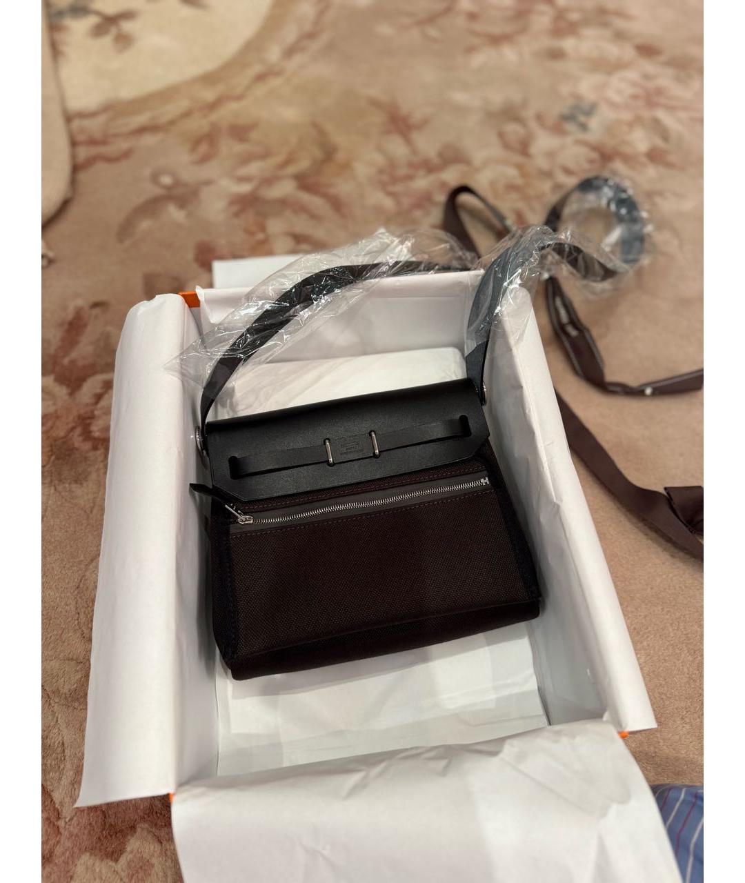 HERMES Коричневая хлопковая сумка с короткими ручками, фото 7