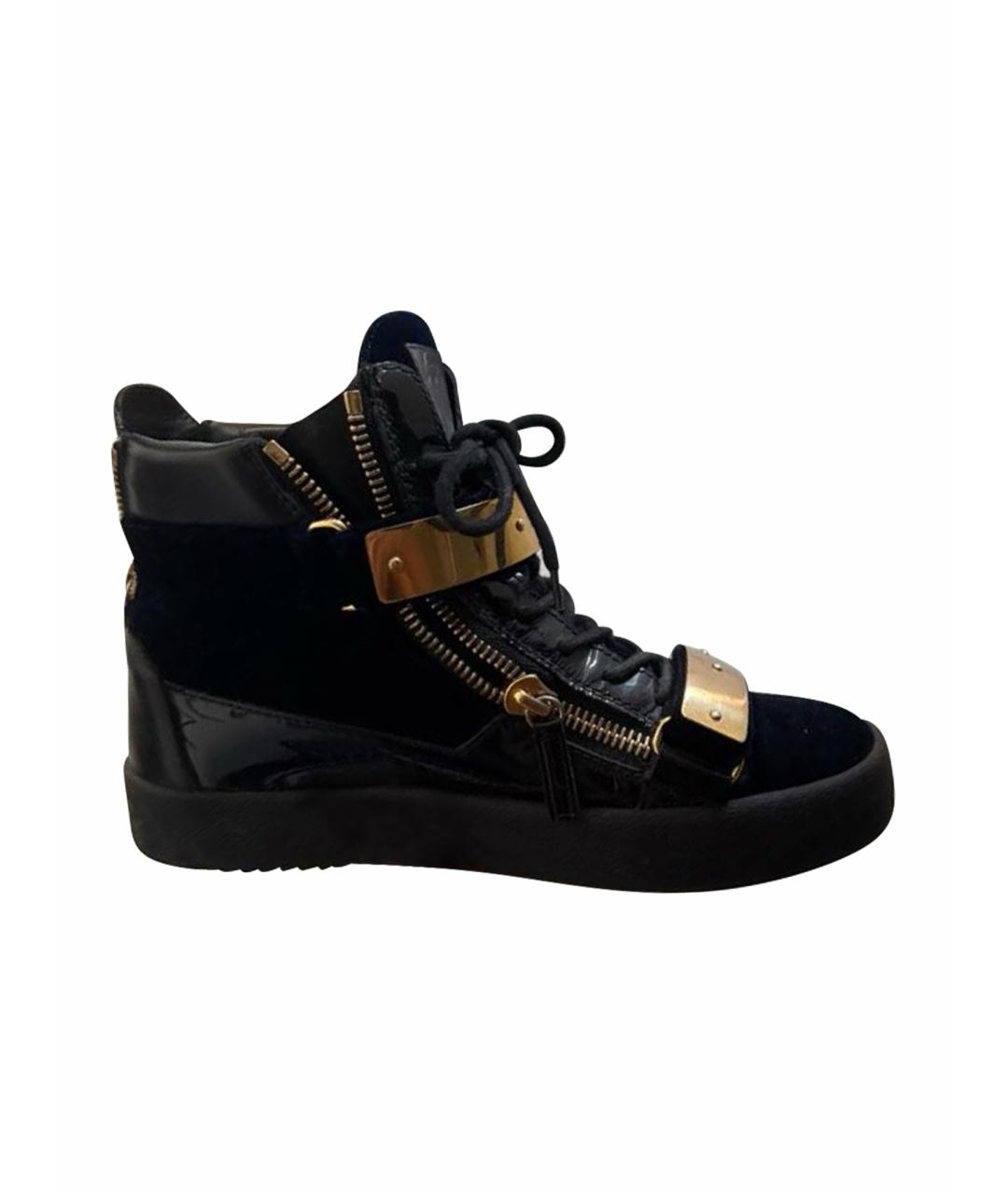 GIUSEPPE ZANOTTI DESIGN Темно-синие бархатные высокие кроссовки / кеды, фото 1