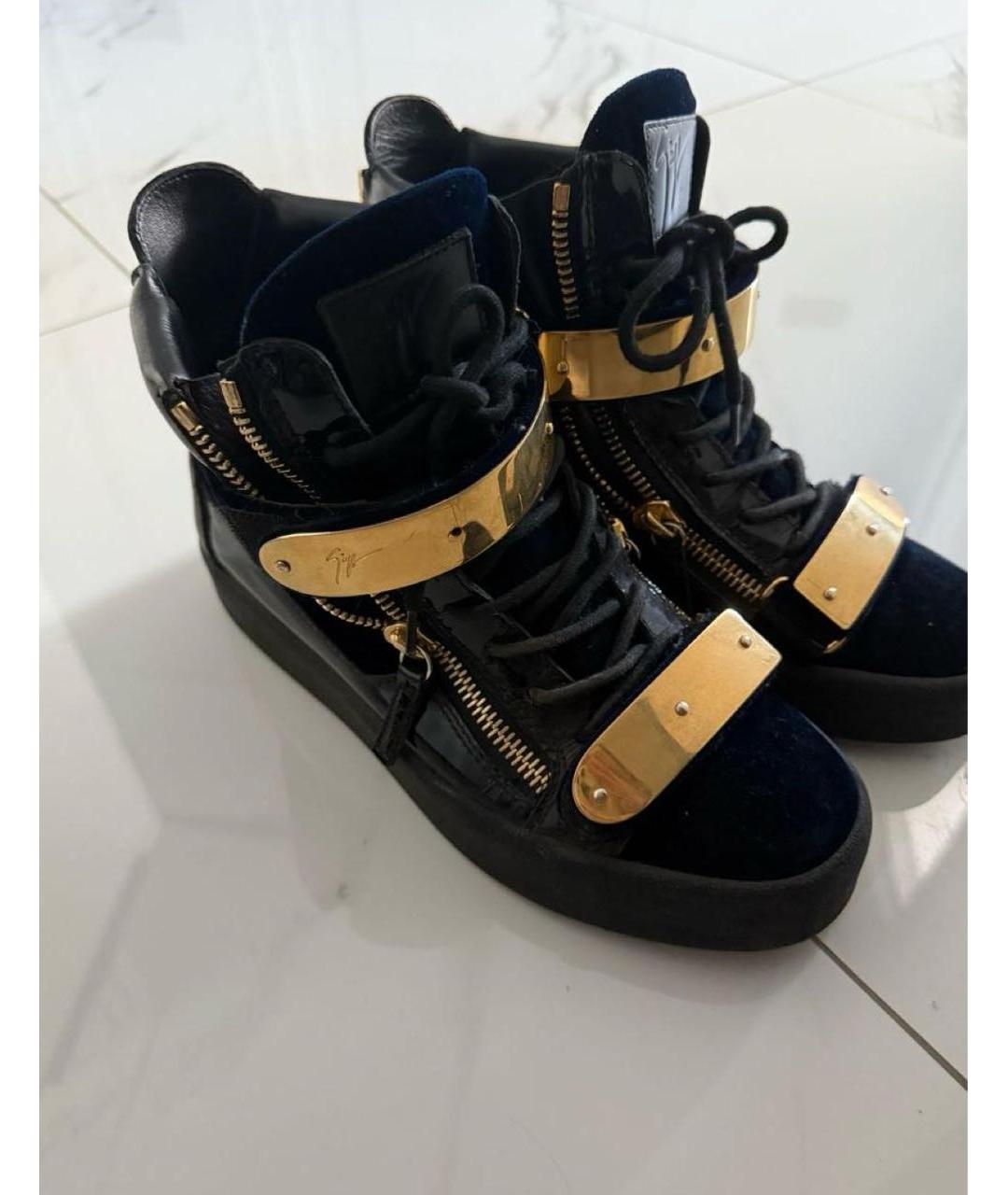 GIUSEPPE ZANOTTI DESIGN Темно-синие бархатные высокие кроссовки / кеды, фото 2