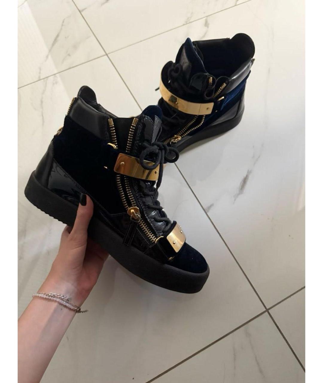 GIUSEPPE ZANOTTI DESIGN Темно-синие бархатные высокие кроссовки / кеды, фото 9