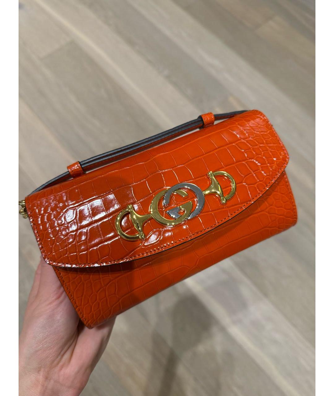 GUCCI Оранжевая сумка с короткими ручками из кожи крокодила, фото 2