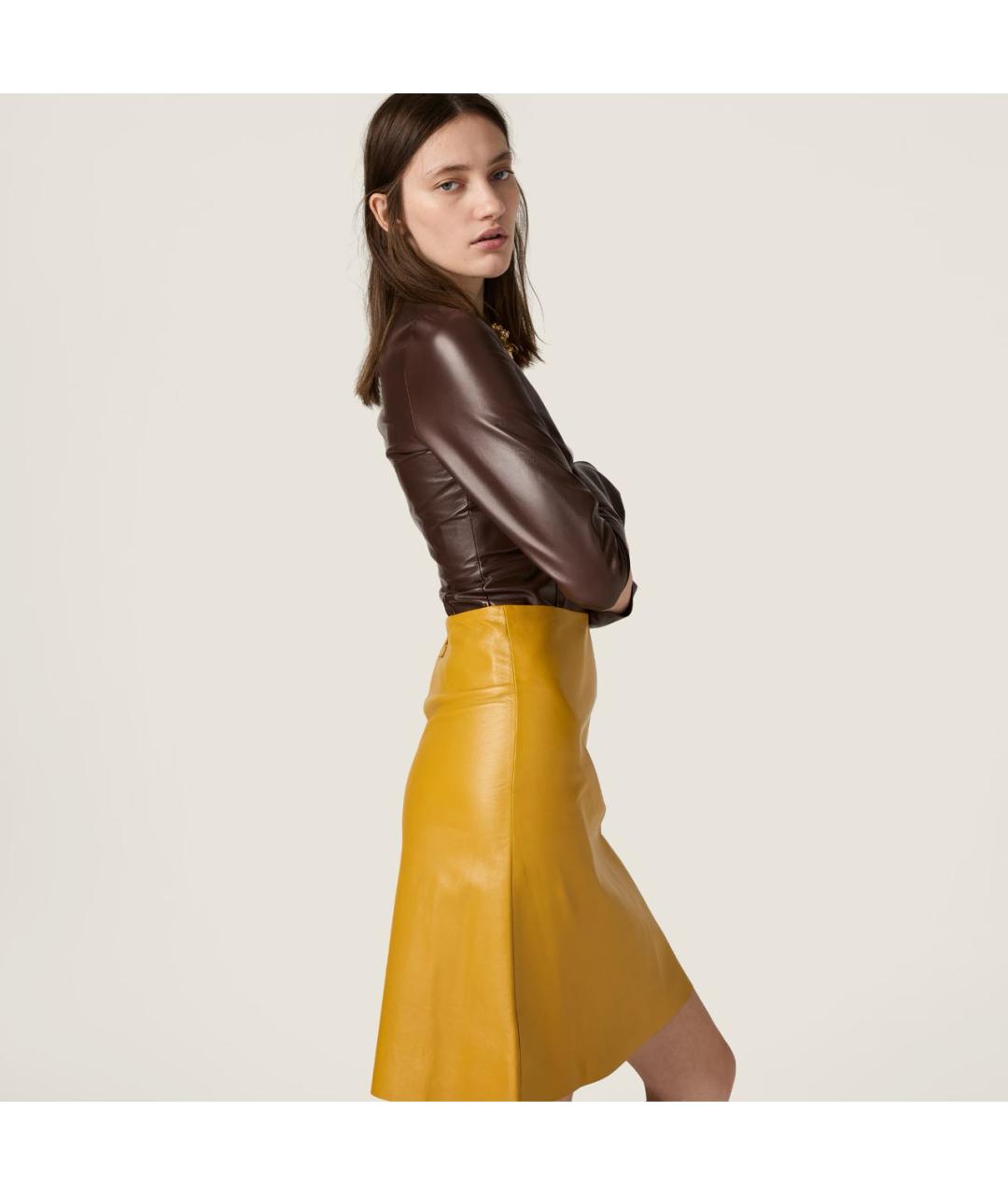 MIU MIU Желтая кожаная юбка мини, фото 4