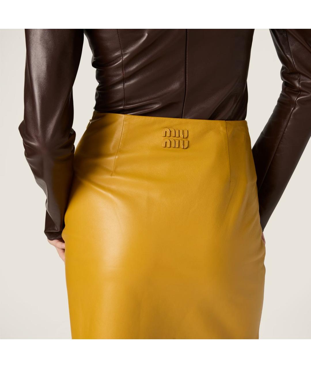MIU MIU Желтая кожаная юбка мини, фото 5