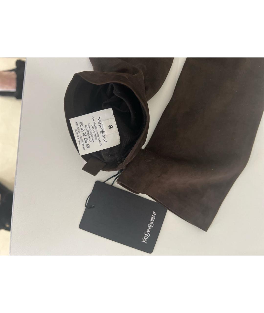 SAINT LAURENT Коричневые кожаные перчатки, фото 2